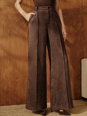 European and American Retro Suede Pantalons Wide-leg Femmes High-waited with A Draped Drape