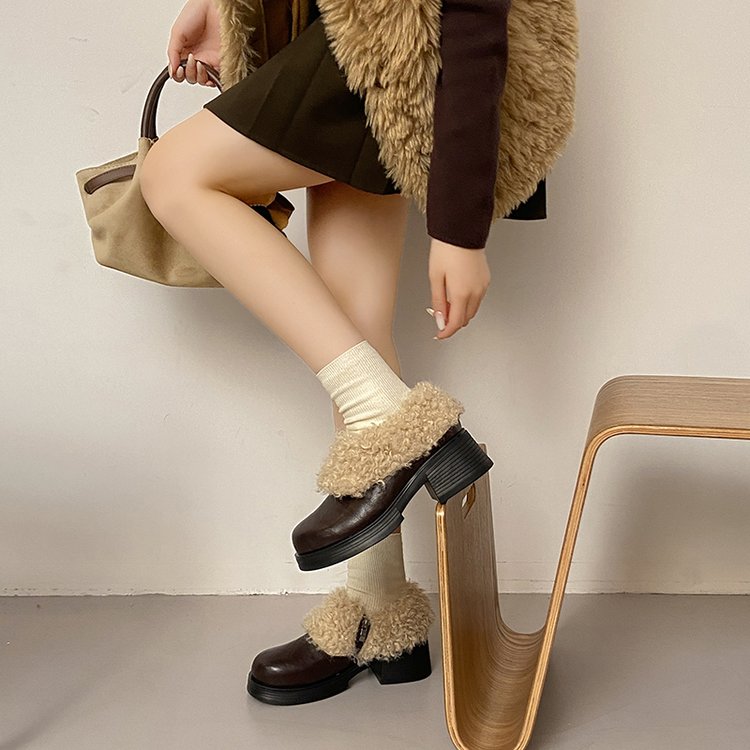 AW Femmes Chunky Heel Mary Jane Flats Warm Plush Lining
