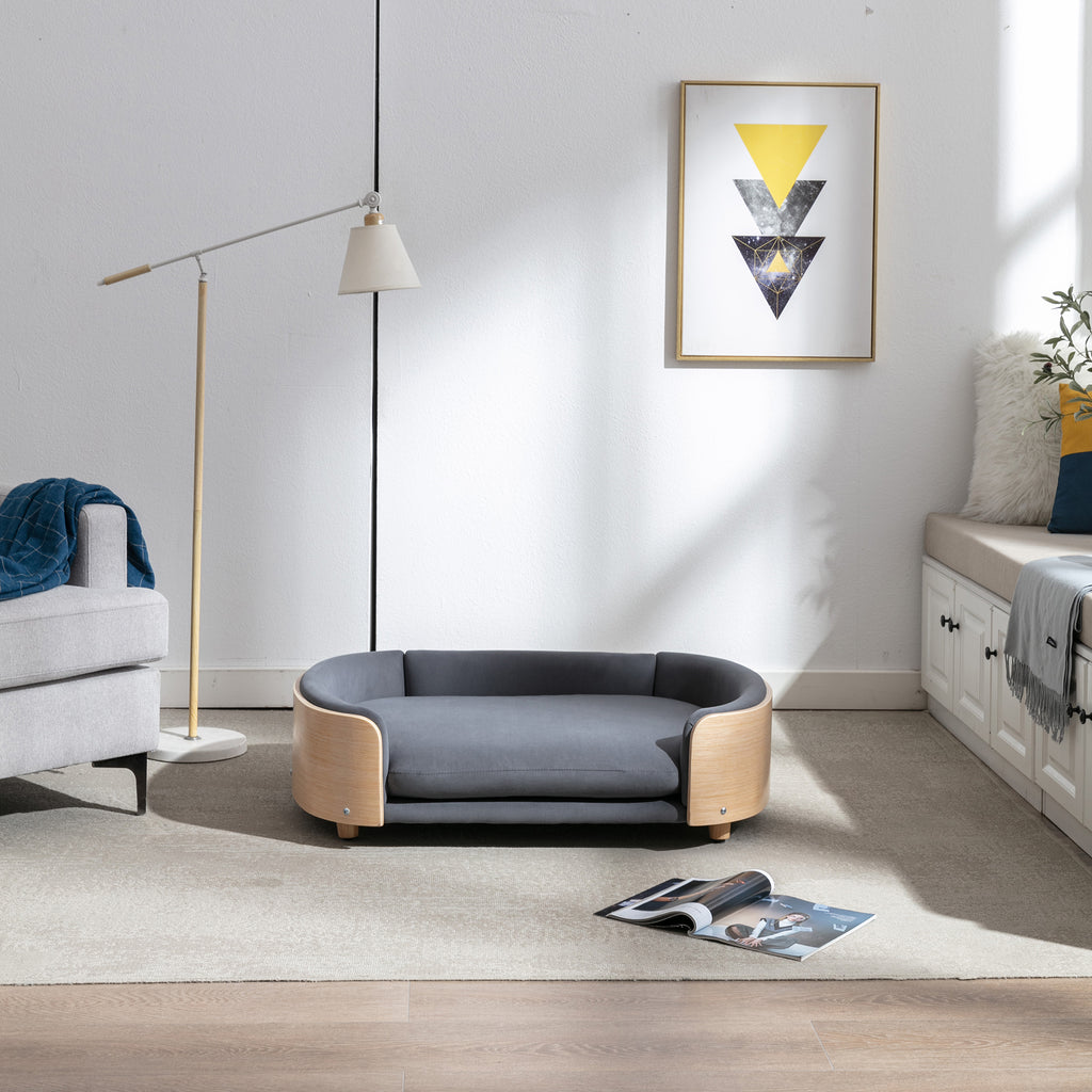 Style scandinave Lit de chien élevé Canapé pour animaux avec pieds en bois massif et dos en bois bent