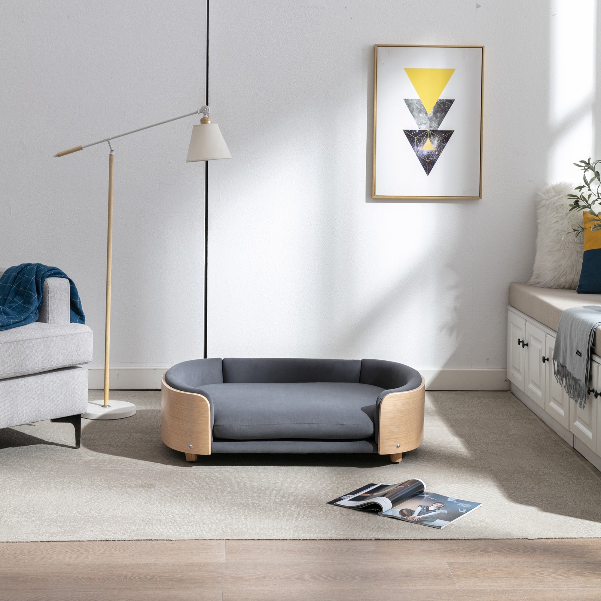 Style scandinave Lit de chien élevé Canapé pour animaux avec pieds en bois massif et dos en bois bent