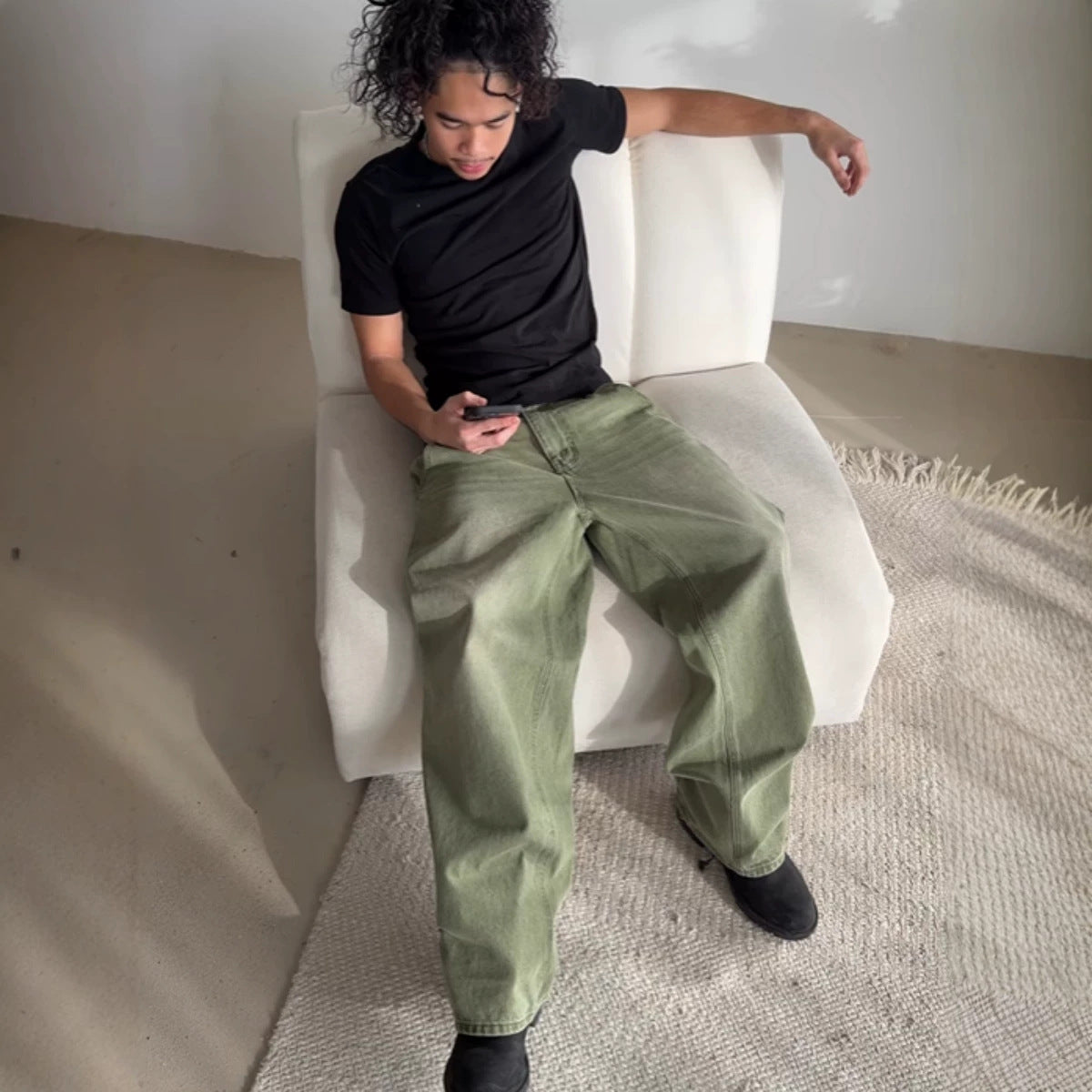 Matcha Vert Jambe droite Pantalons à coupe molle