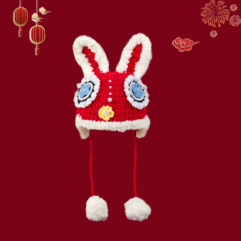 Dragon Année Chapeau rouge chinois tricoté Tigre Tête Chapeau bébé chinois Année célébration Joyous Xi