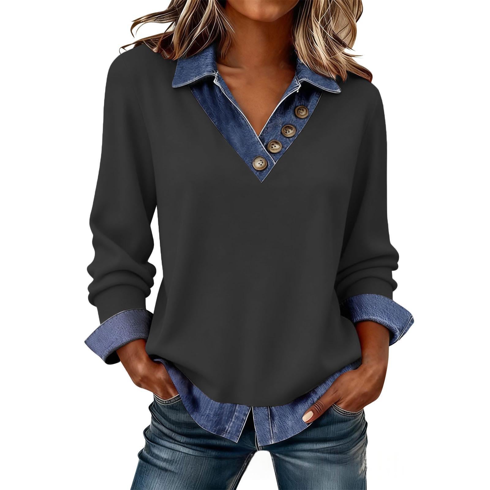 Top casual tricoté à manches longues avec un col V denim
