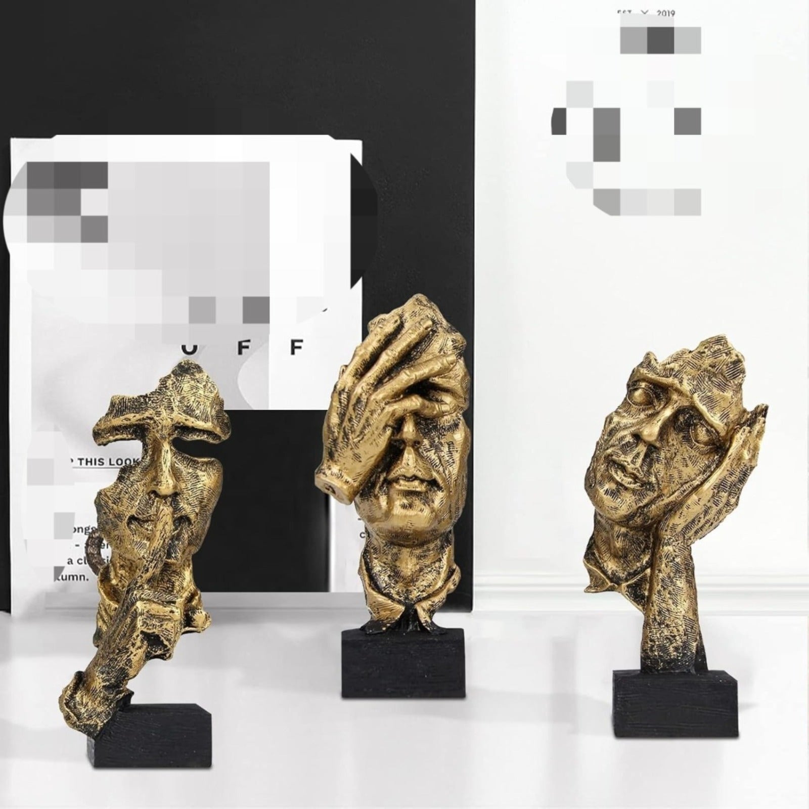 Décorations de soirée et accessoires - Ensemble de 3: Ces visages humains Serene sont Golden Abstract A