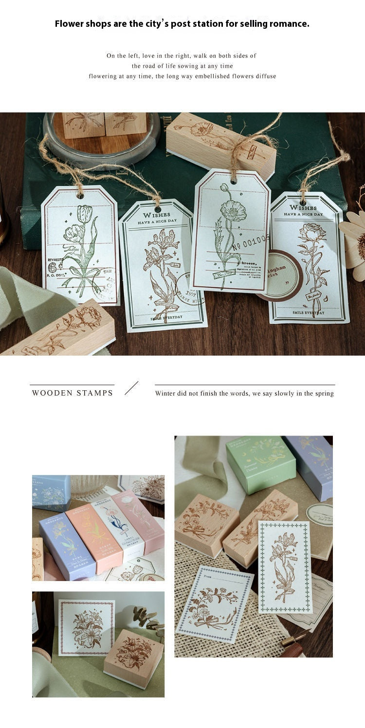Timbre en bois frais et rétro Fleur Artistic Flower Notebook Diy Matière décorative Woode