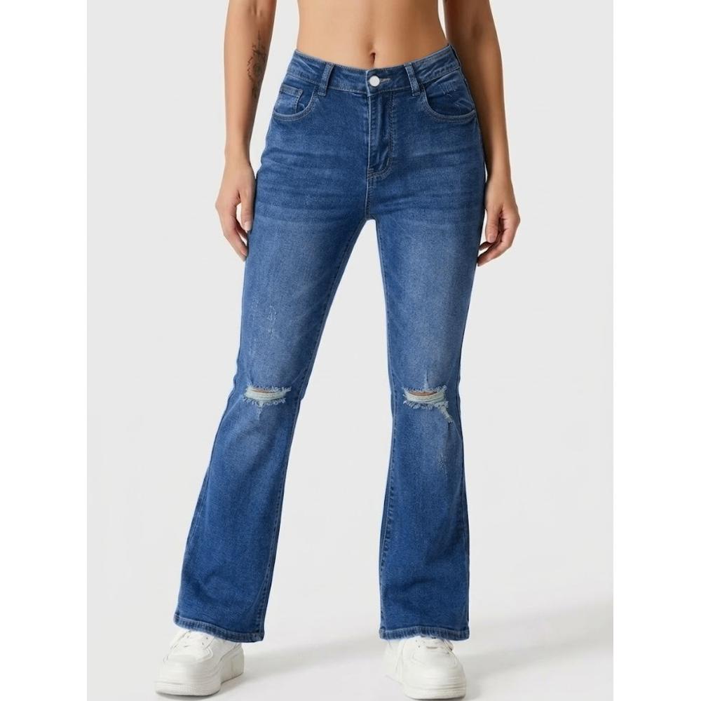 Femelle haute de la taille Knee Ripped Flare Denim Jeans Stretch Slim Floor-Length Pantalons Pour