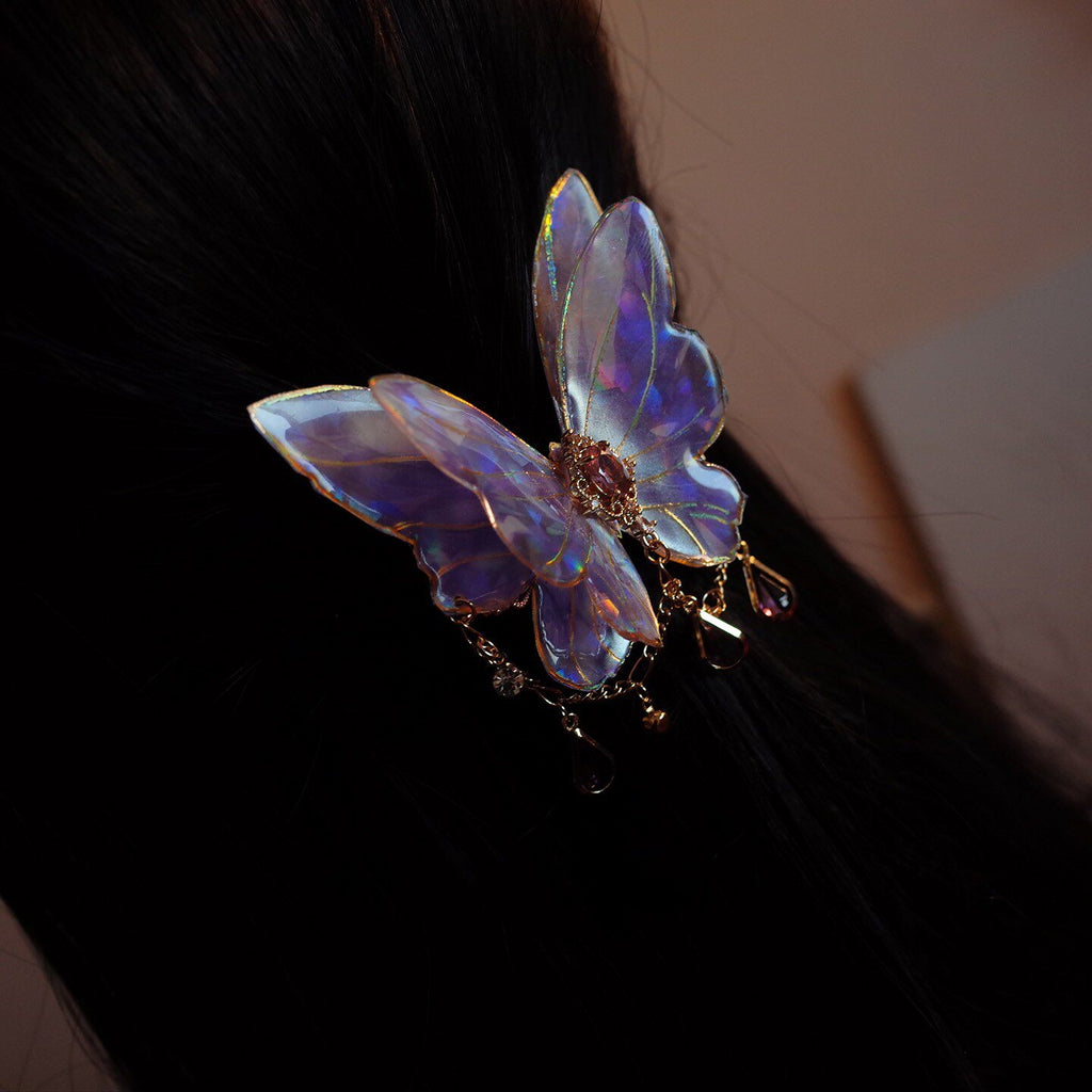 Retro Tassel-décorated Laser-Effect Purple Butterfly Hair Clip