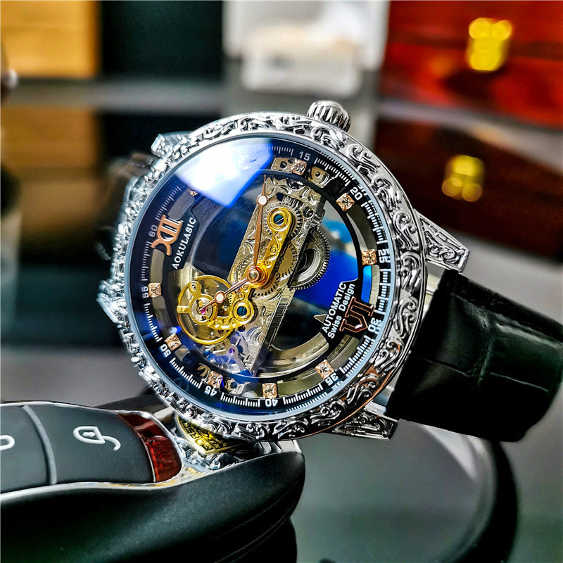 Montre mécanique automatique hommes double face Hollow étanche