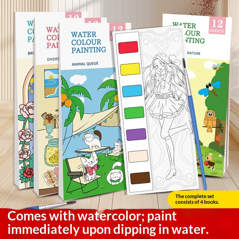 Livre de coloriage aquarelle pour enfants de langue anglaise avec peintures intégrées