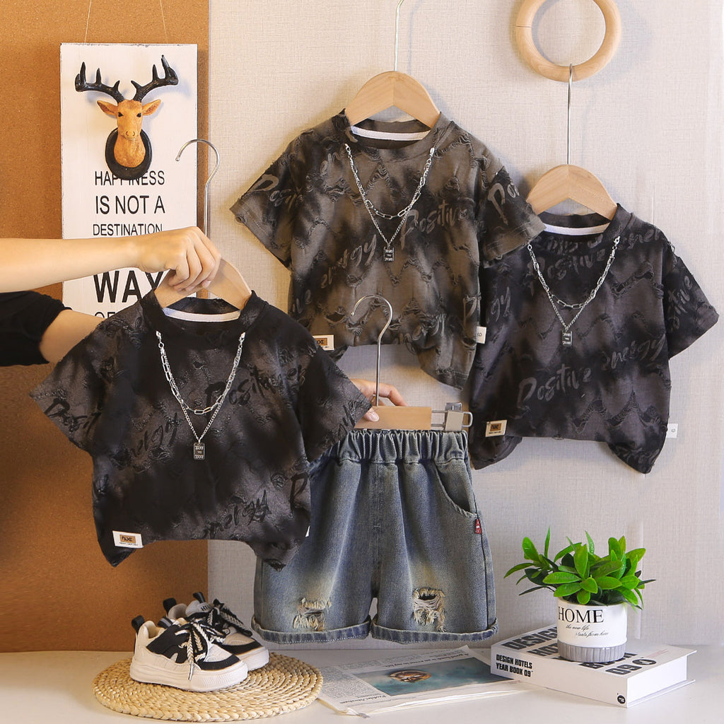 Boys Summer Outfit Stylish Denim Shorts Two-Piece Set