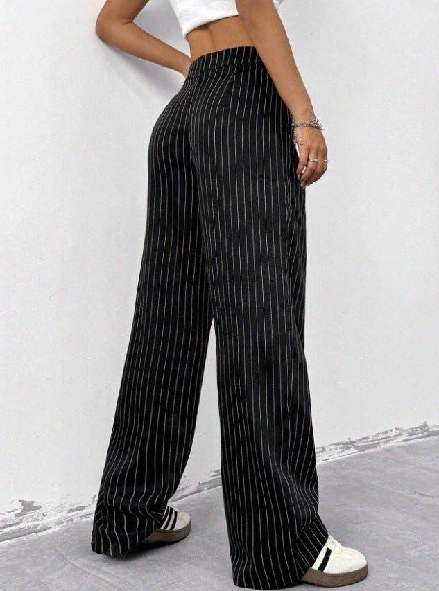 Madame Blue Striped European and American Casual Shimuting Loose Large-Leg Casual Pantalons Trou