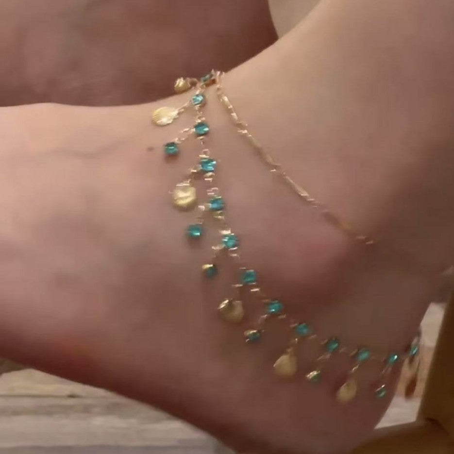 Double couche ultra scintillante Shell Tassel Delicate Anklet