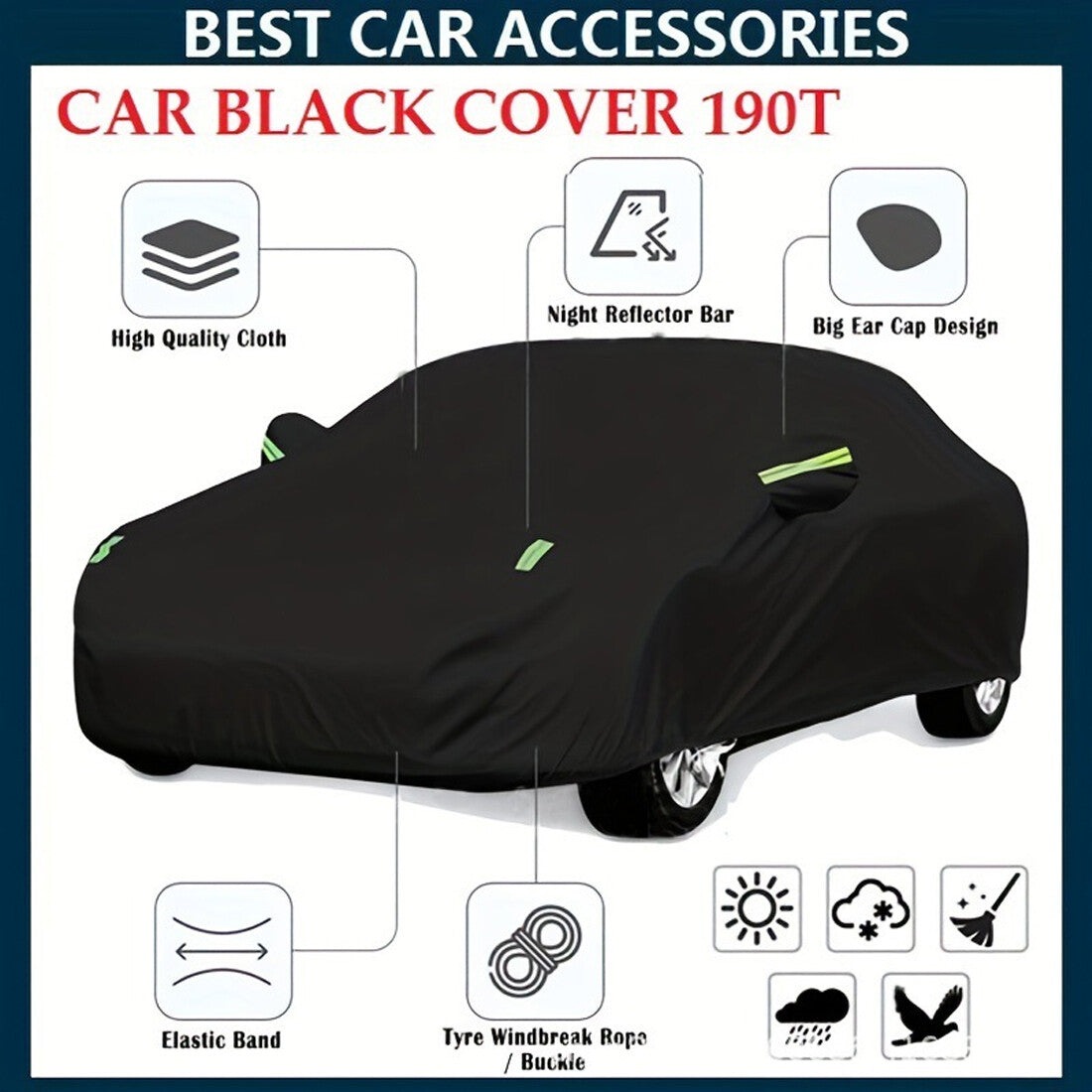 All Weather Full Car Cover 190T Polyester Protection anti-poussière UV Bretelles anti-vent avec Re