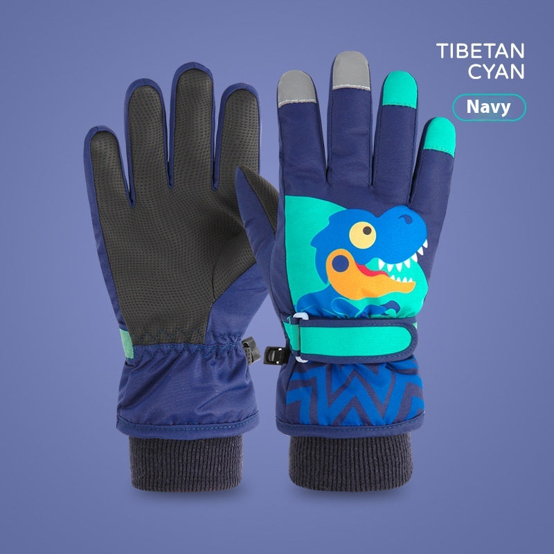 Ski pour enfants Velvet chaud à l'épreuve du vent rembourré Petits gants Dinosaure épais