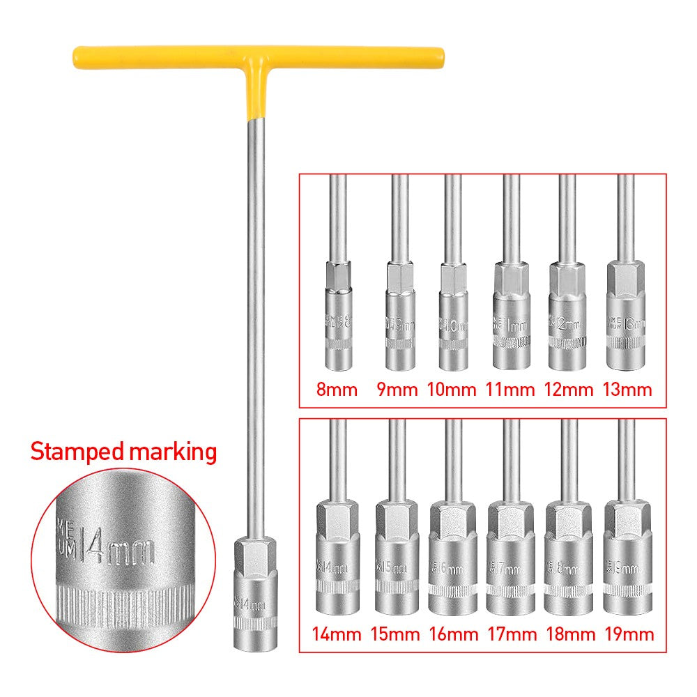 12X TEE HANDLE SOCKET WRENCH T BAR TYPE DE POUVOIR LONGUEUR PORTÉE 8-19MM ESPANNER NUT DRIVER