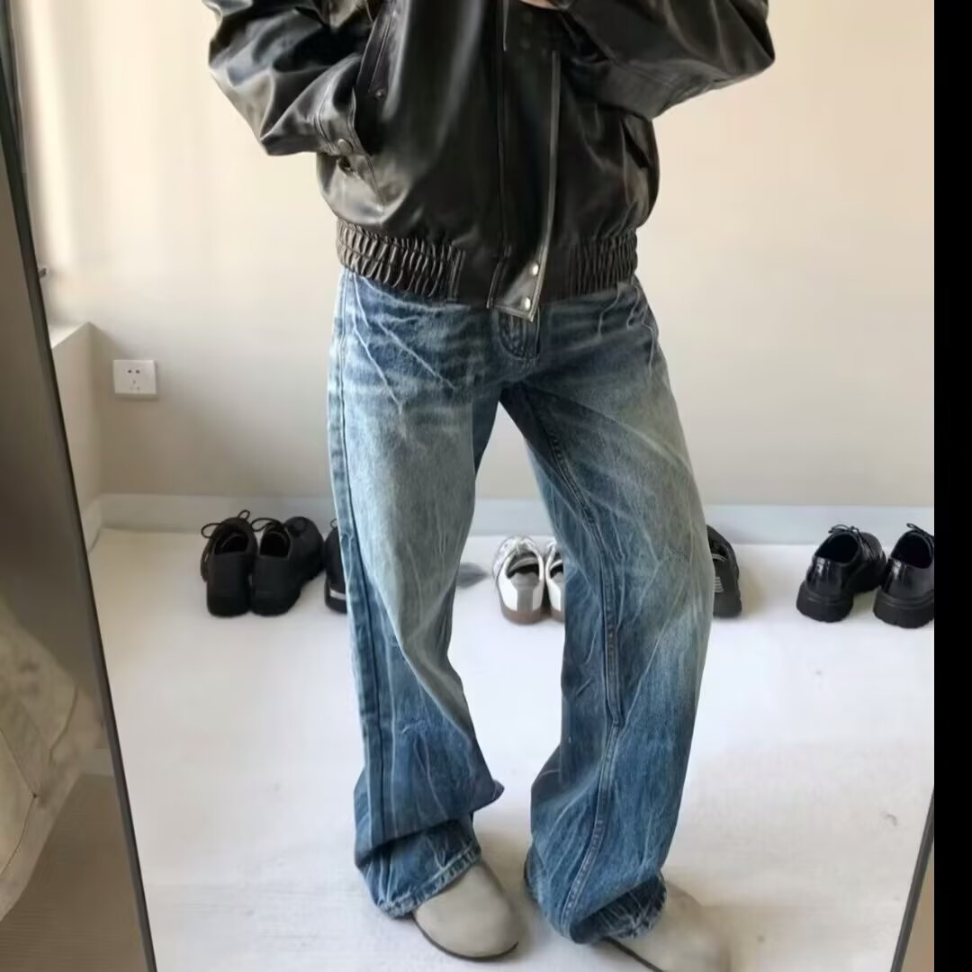 Hommes Loose-fit style américain Jeans lavés-bleu
