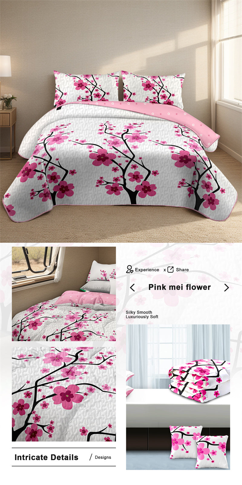 Set de patch à 5 pièces en fleur rose avec 2 shams d'oreiller assortis et 2 housses d'oreiller décoratives