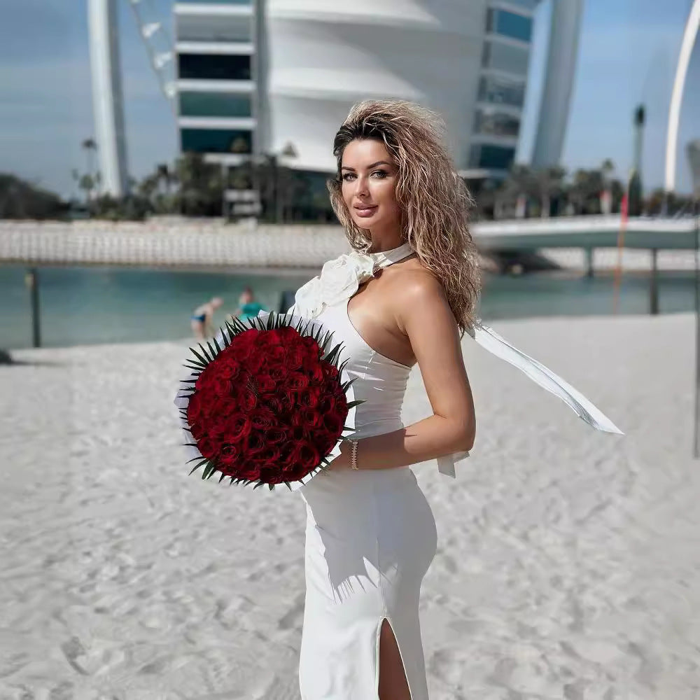 White Ribbon Flower Halter Long Dress with High-Slit