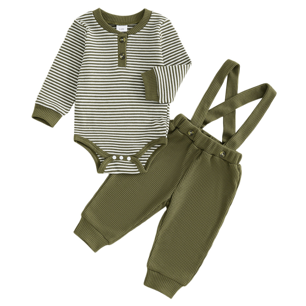 Waffle Striped Mesh Long Sleeve Suspender Pants