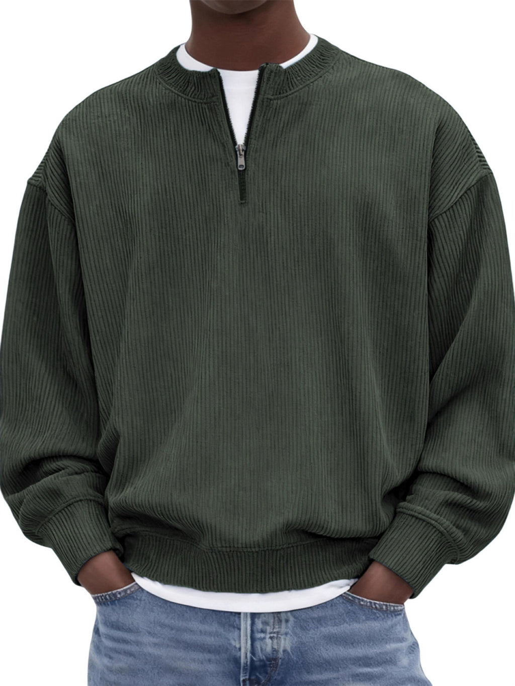 Casual hommes manches longues Corduroy Top avec un collier debout et une demi-zip