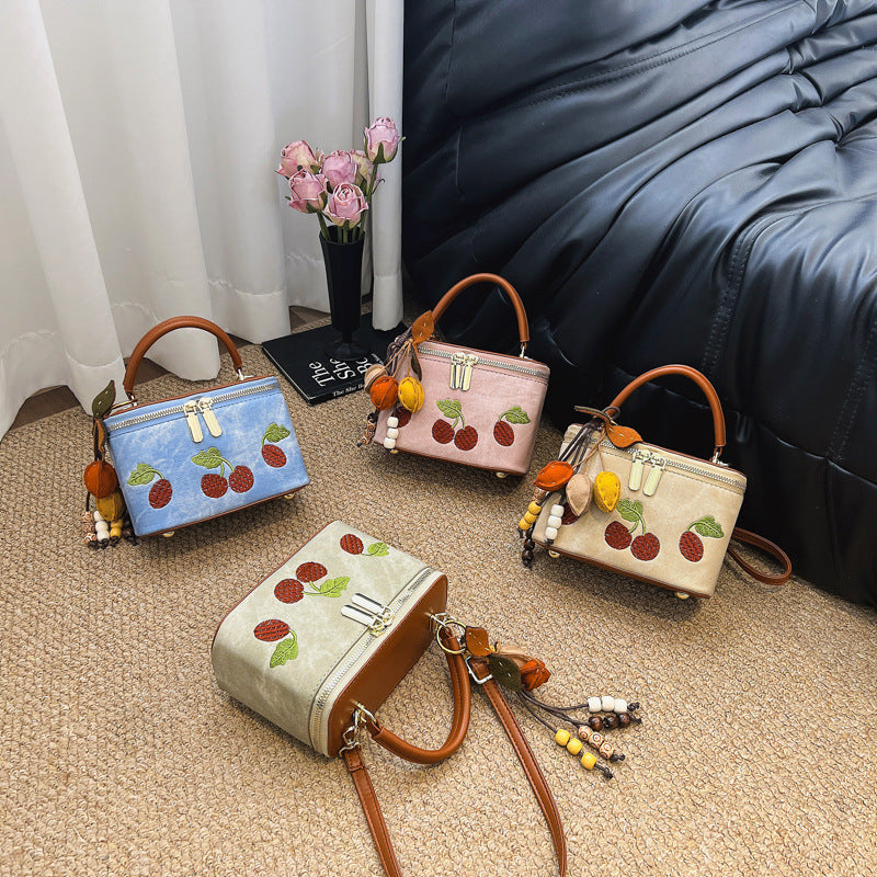 Cerise d'été brodé petit sac carré pour les femmes