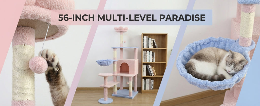 Arbre de chat fleur avec grand condo coussin de fleur amovible et hamac rose