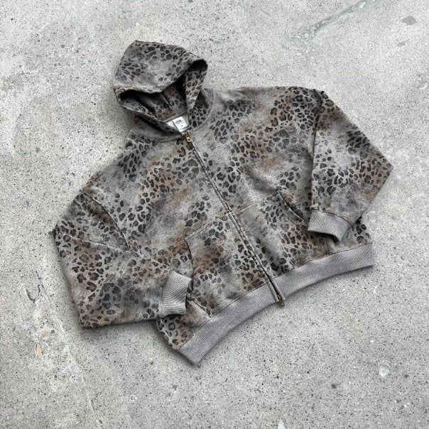 Camouflage à capuchon Leopard-Imprimé Terry-Weave Sweatshirt Cardigan Coat