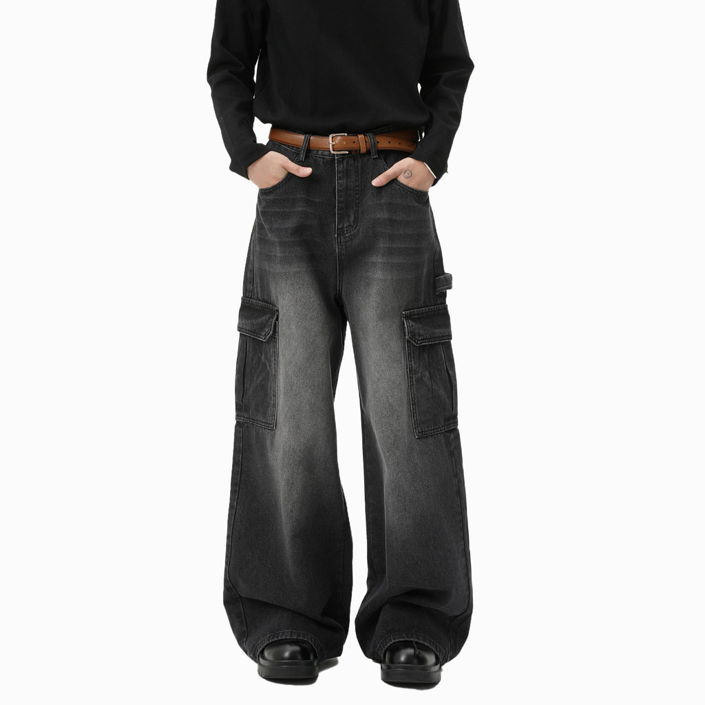 Pantalon de travail occasionnel à jambe large blanchie Multi-pochette droite