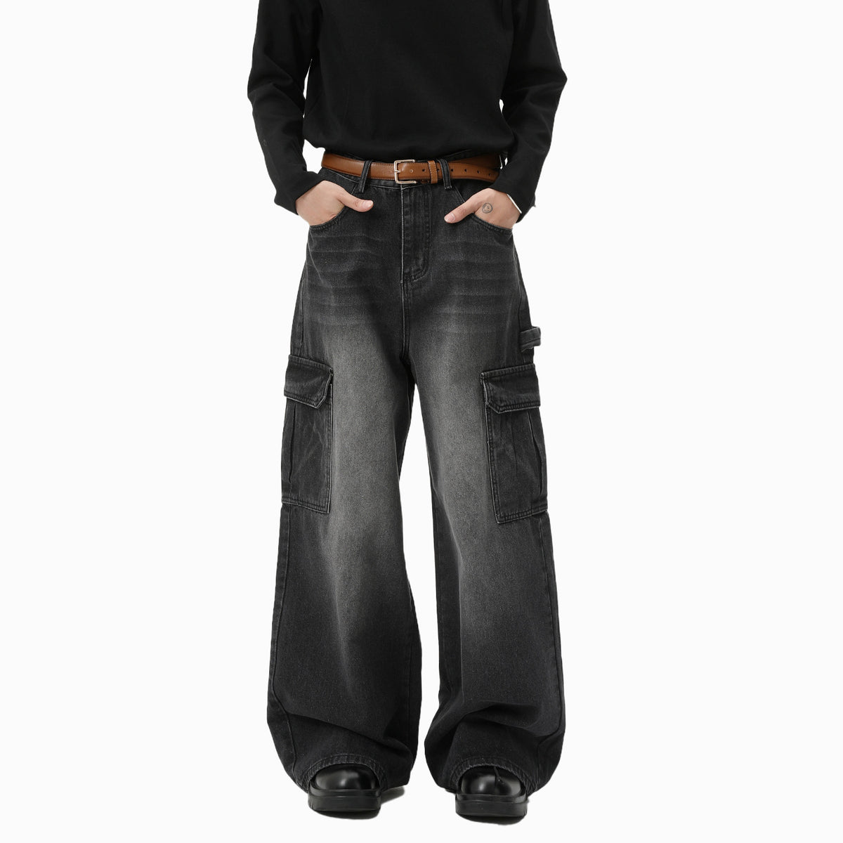 Pantalon de travail occasionnel à jambe large blanchie Multi-pochette droite