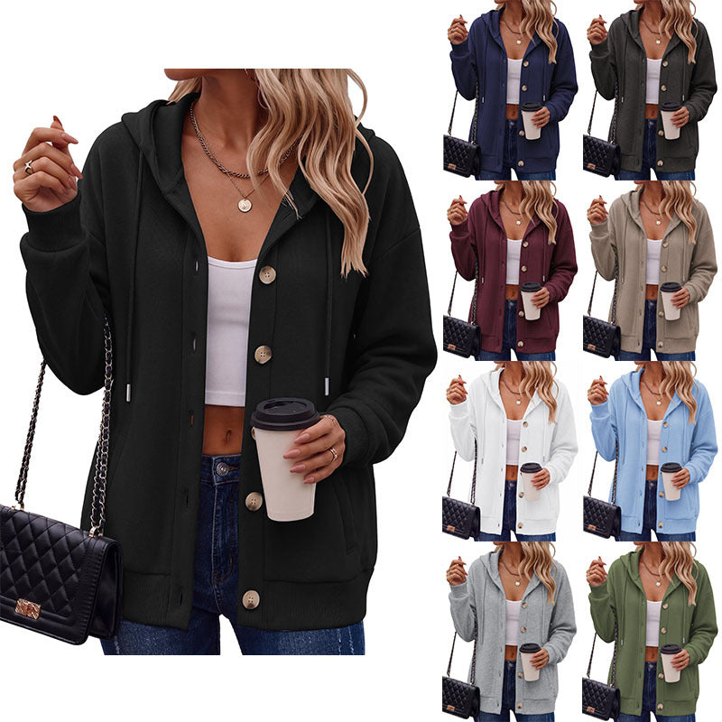 Veste polyvalente de couleur solide bouton-up manteau à capuche casual femmes
