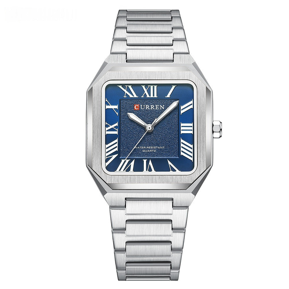 Montre Quartz à l'épreuve de l'eau carrée simple homme avec chiffres romains et bande d'acier mode