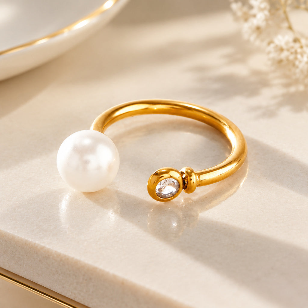 Pearl Zircon anneau en acier inoxydable pour les femmes