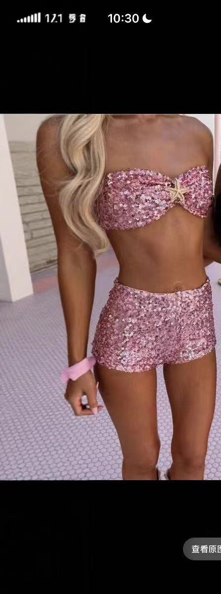 Shiny Sequin Bikini Set avec shorts