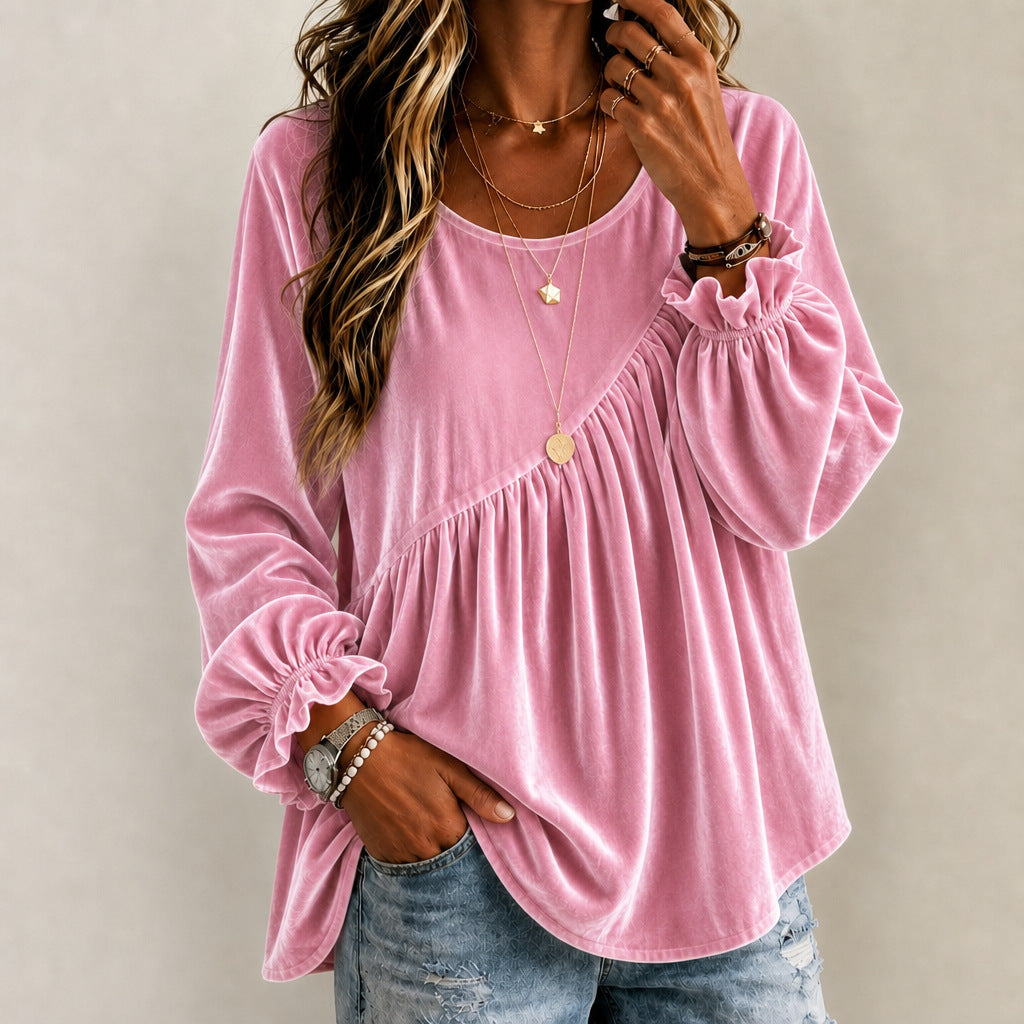 Velours de couleur unie Col d'équipage Manches longues Relaxed-fit Asymétrique Ruffled Top