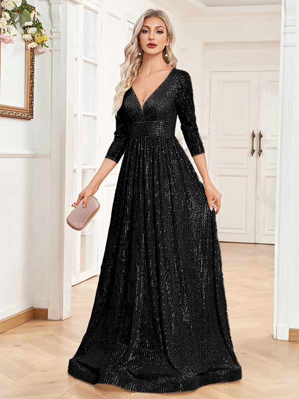 Robe de haute tenue de soirée à col V pailleté d'automne