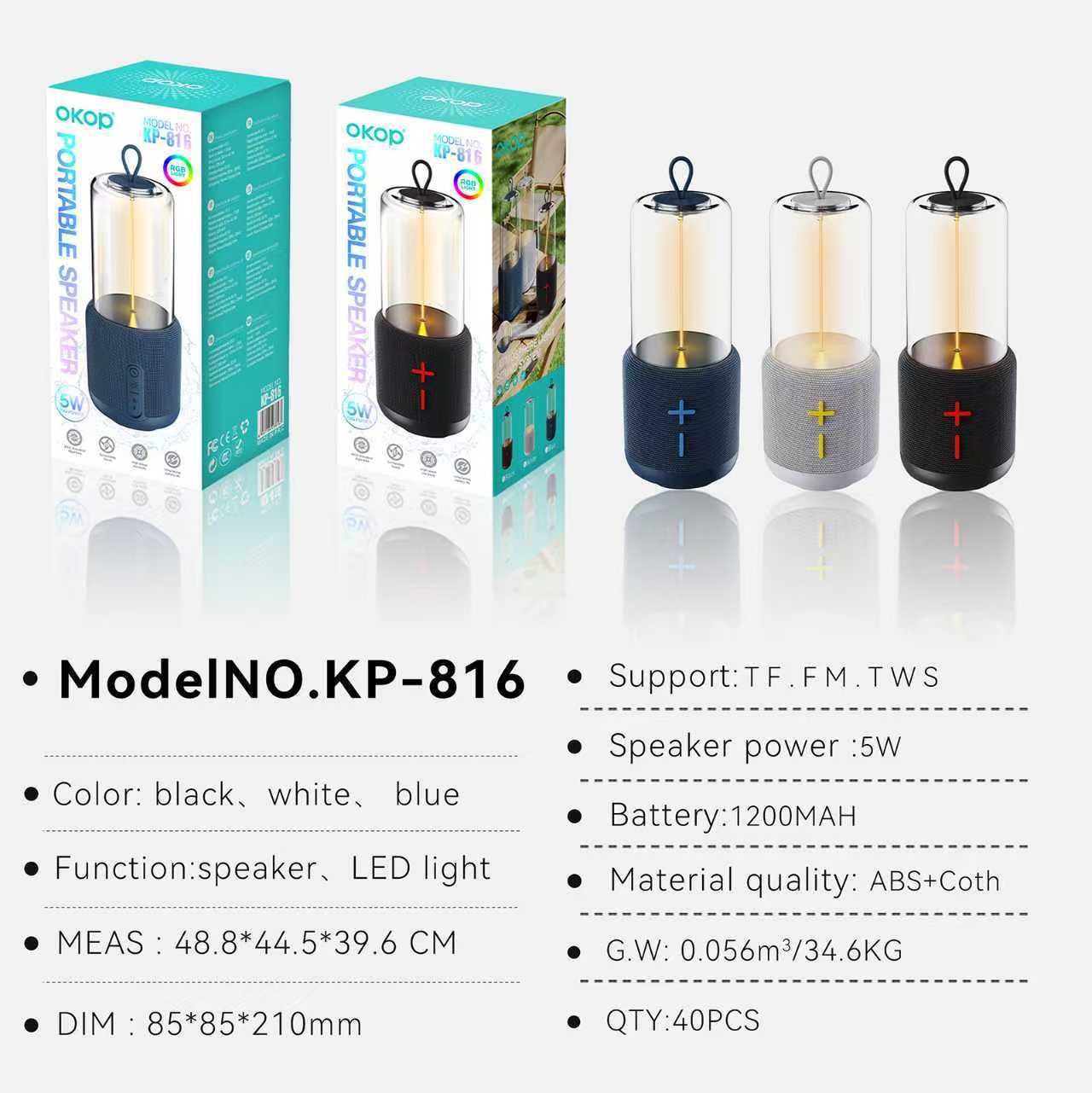 KP-816 Haut-parleur bluetooth extérieur portable avec lumière de nuit acrylique adaptée au côté du lit ou