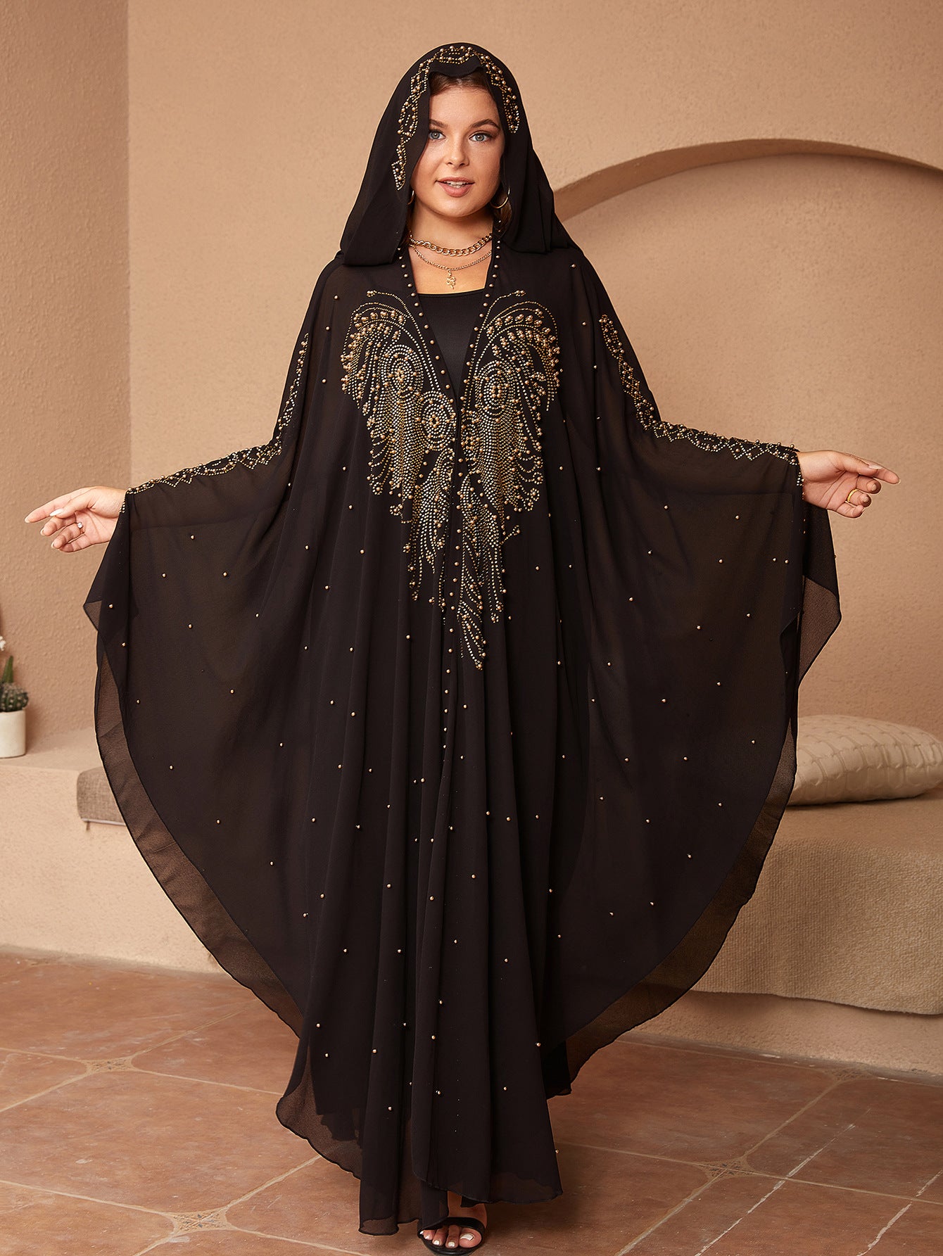 Style musulman Strass Perles Haute Densité Chiffon Cape Et Châle
