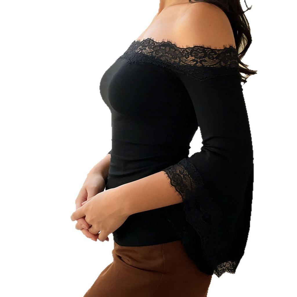 Dentelle-Panel hors-la-épaule Bell-Sleeve Elégant T-shirt