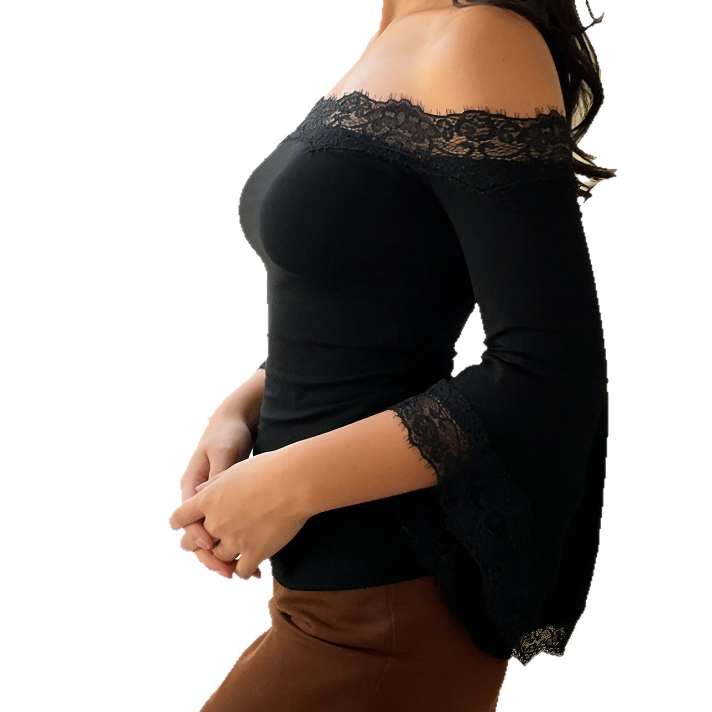 Dentelle-Panel hors-la-épaule Bell-Sleeve Elégant T-shirt