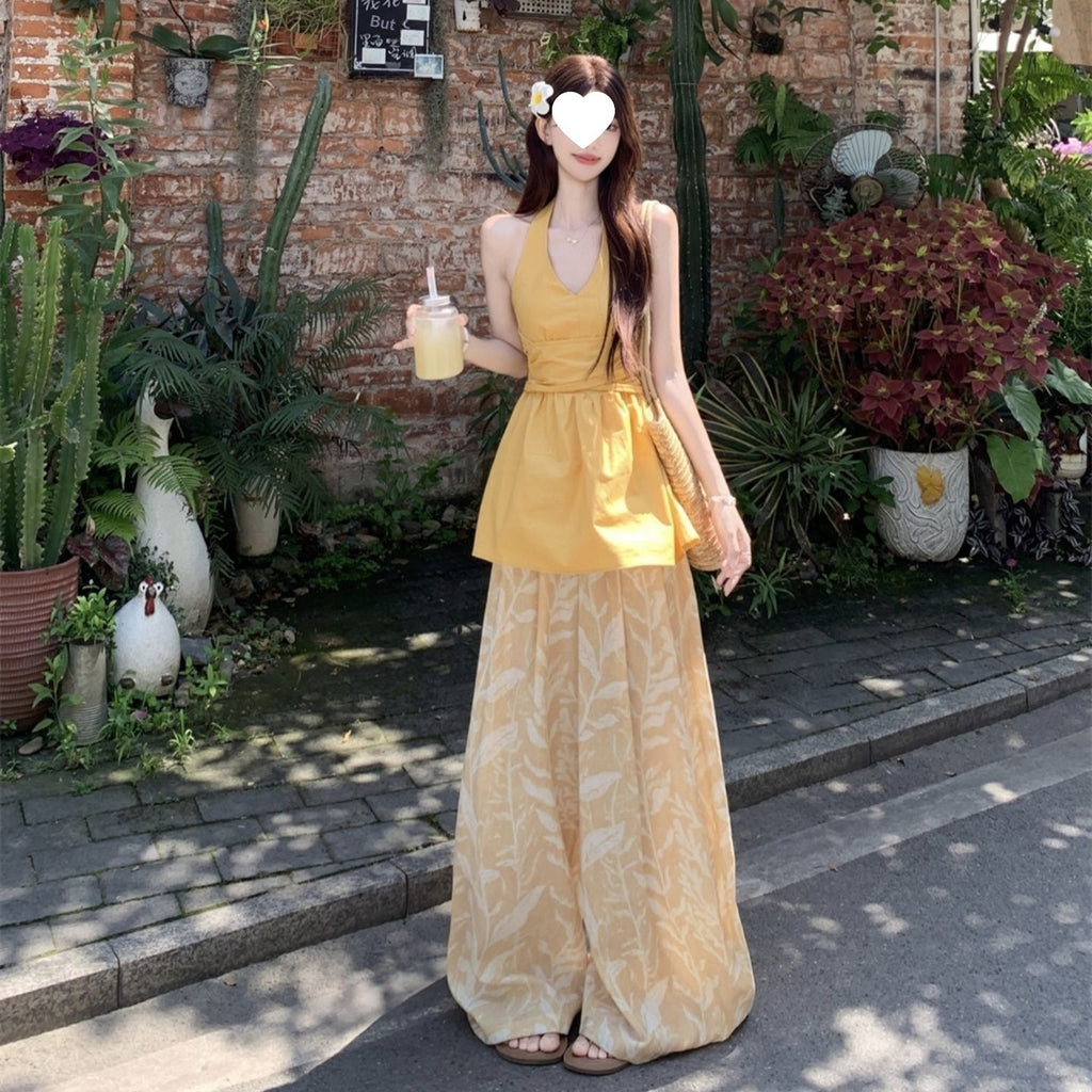 Pantalon d'été bi-pièces à deux manches à cintre jaune