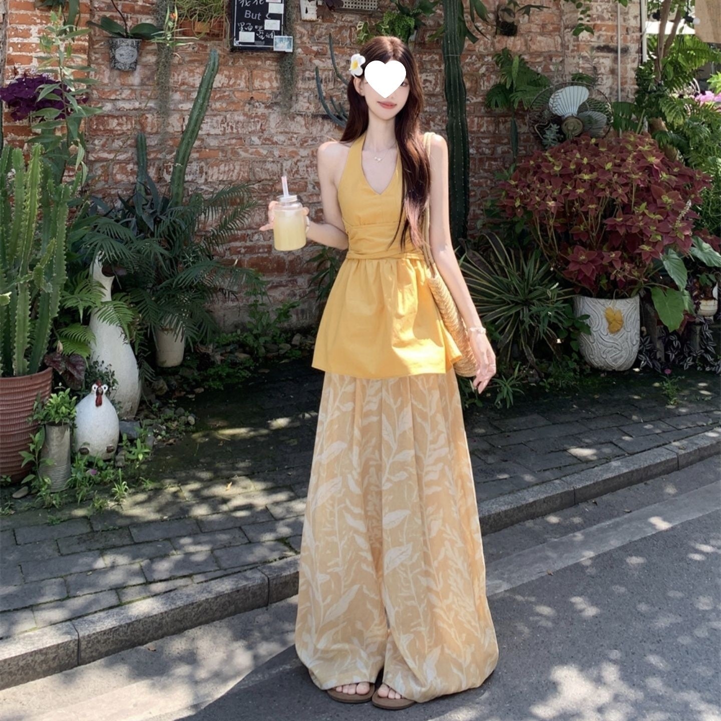 Pantalon d'été bi-pièces à deux manches à cintre jaune