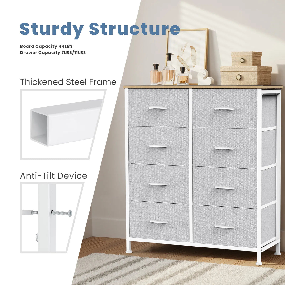 Dresser pour chambre avec 8 tiroirs Dresser haut et coffre de tiroirs Dresser tissu avec Woo