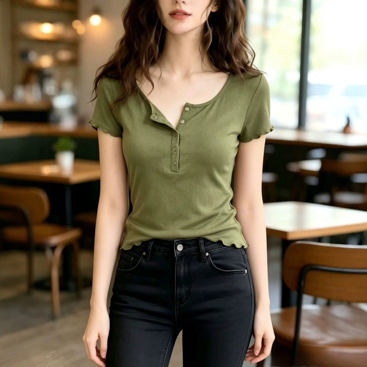 T-shirt tricoté U-Neck à manches courtes pour femmes
