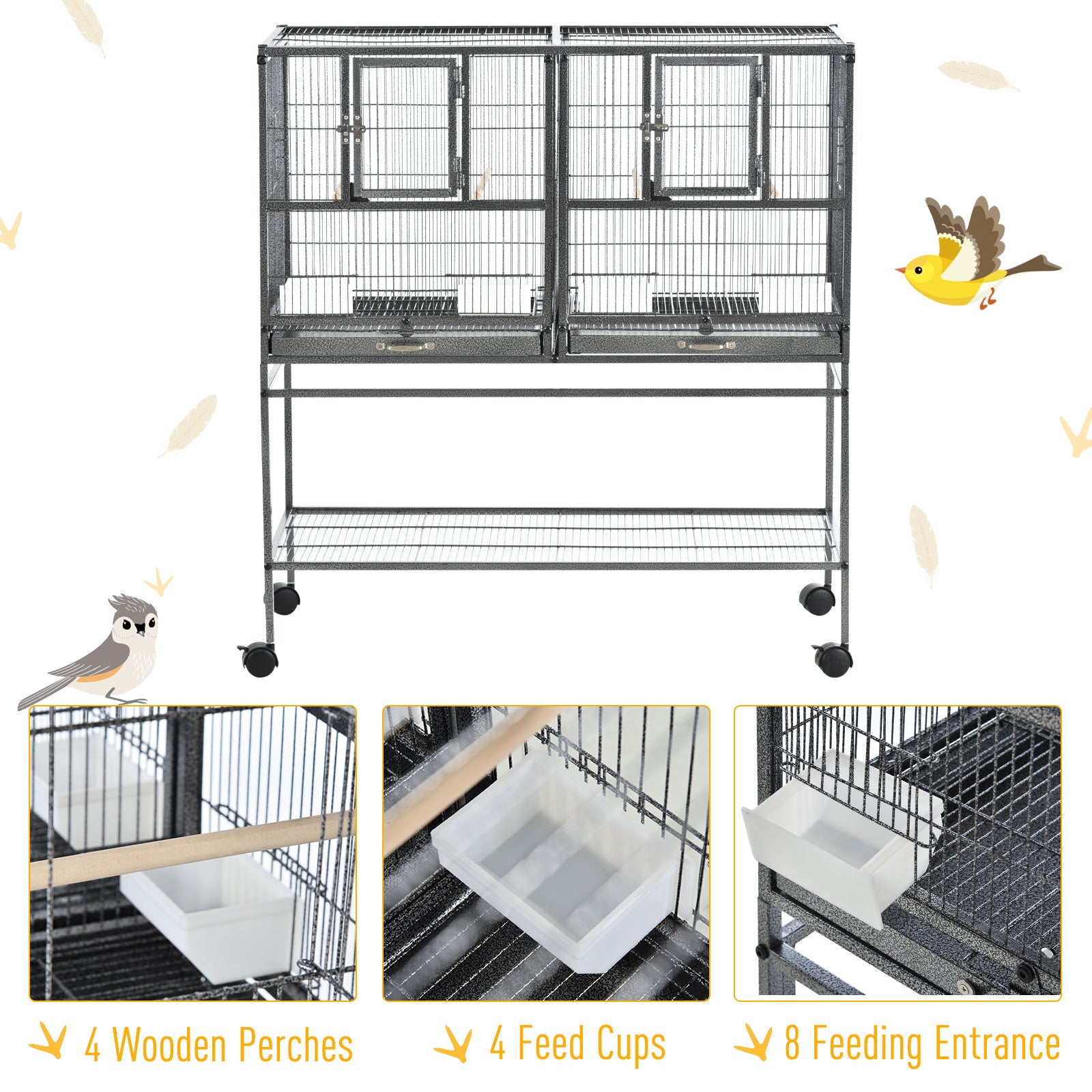 Cage d'oiseau d'élevage divisé avec support roulant Plateau en métal amovible