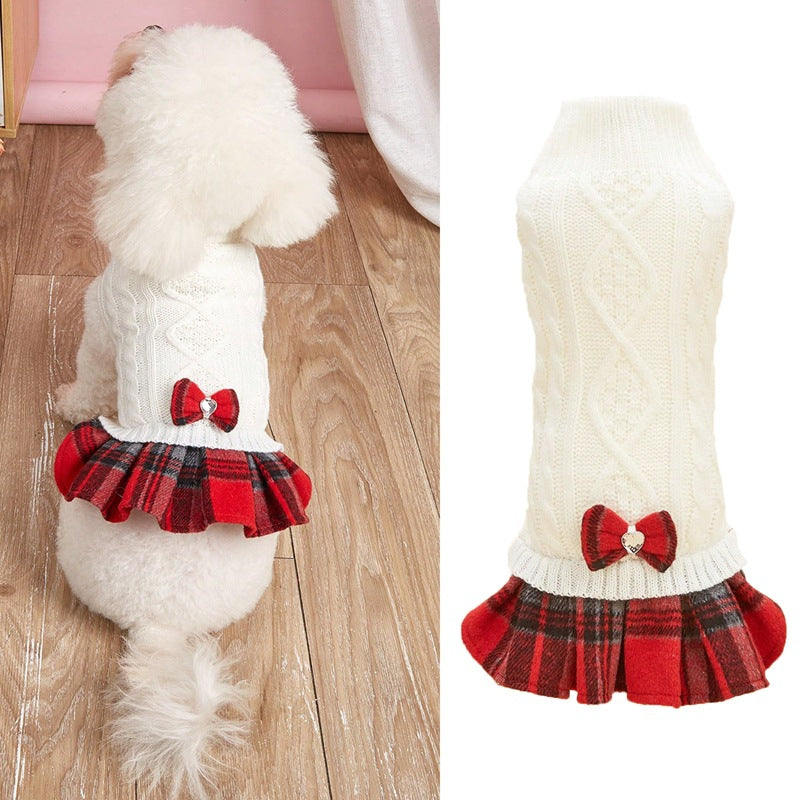 Vêtements pour animaux de compagnie Chandail tricoté blanc et gris avec arc