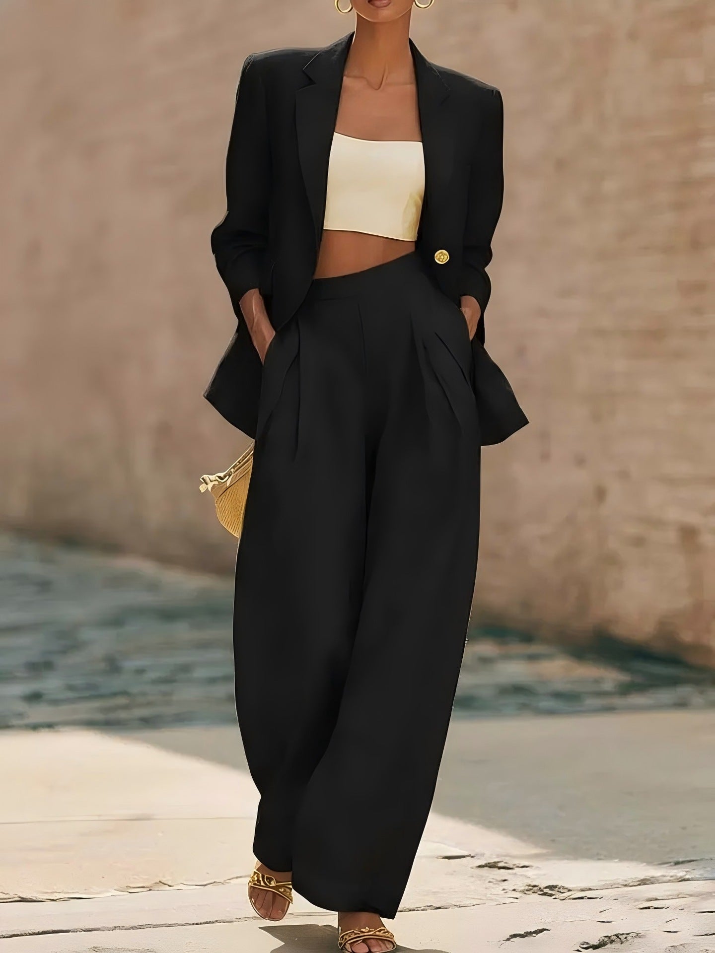 Pantalon bi-pièce pour femmes de couleur unie et pantalon à large jambe