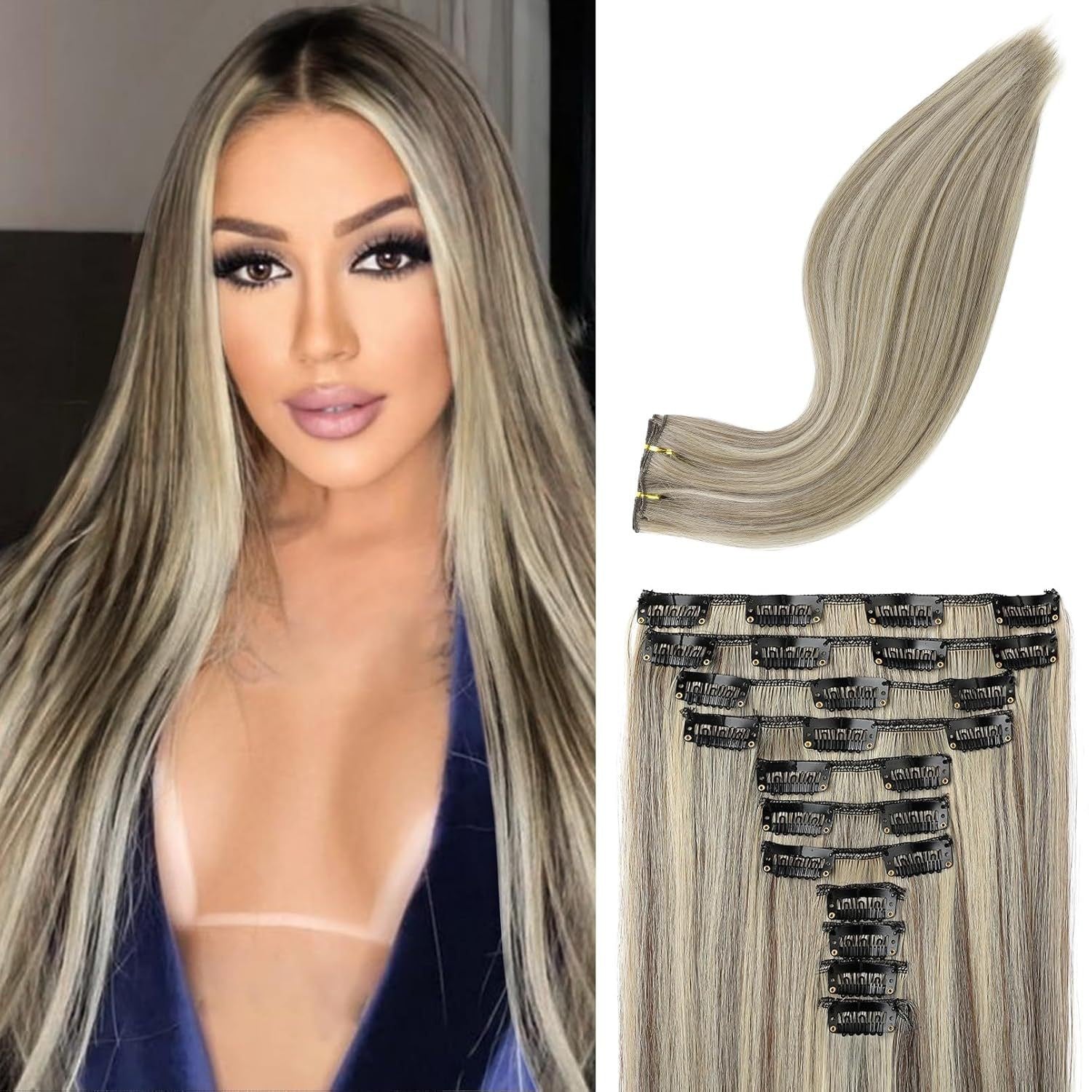 11-pièces 24-pouces Long droit Extension cheveux Pièces de perruque noire