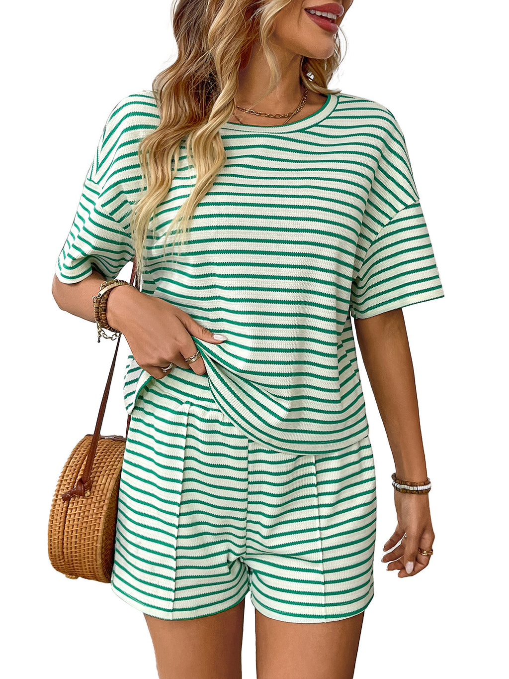 Women's Summer Knit Striped Mode Casual Shorts Ensemble sportif