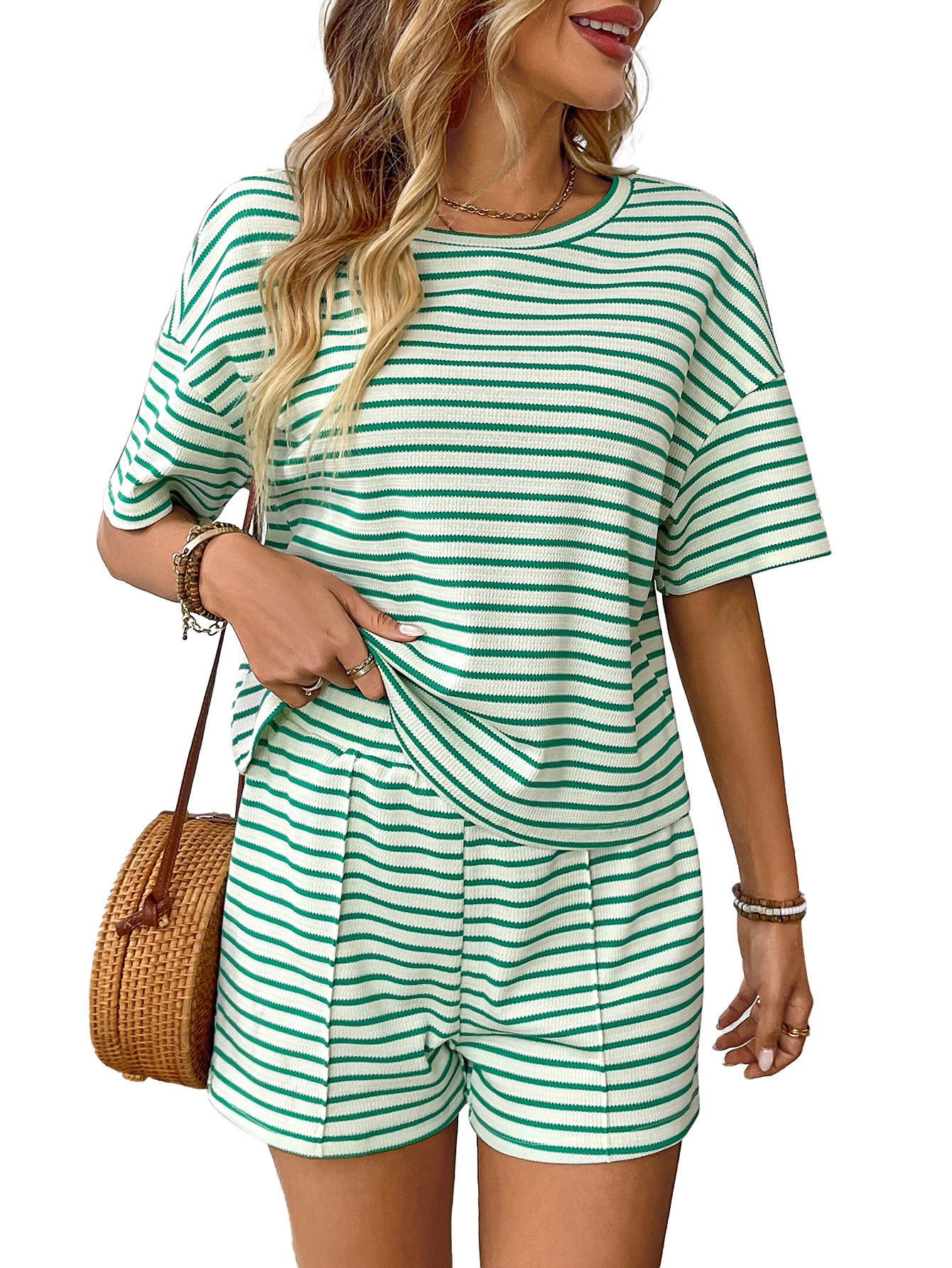Women's Summer Knit Striped Mode Casual Shorts Ensemble sportif
