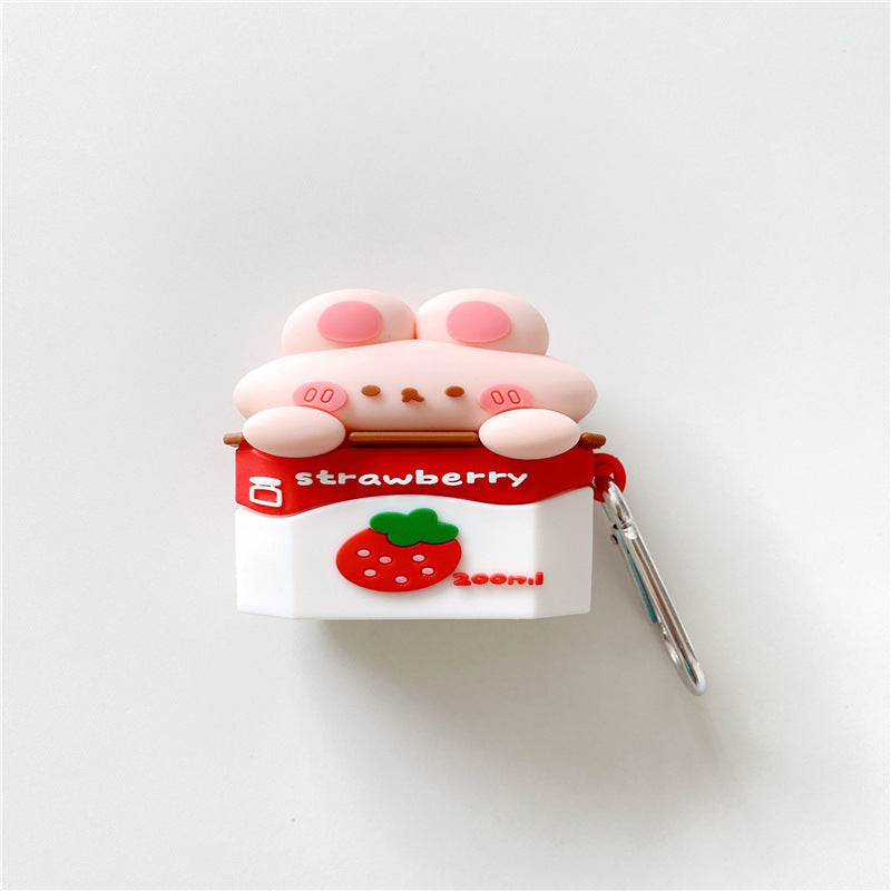 Coffret d'écouteur sans fil de lait de fraise mignon Silicone